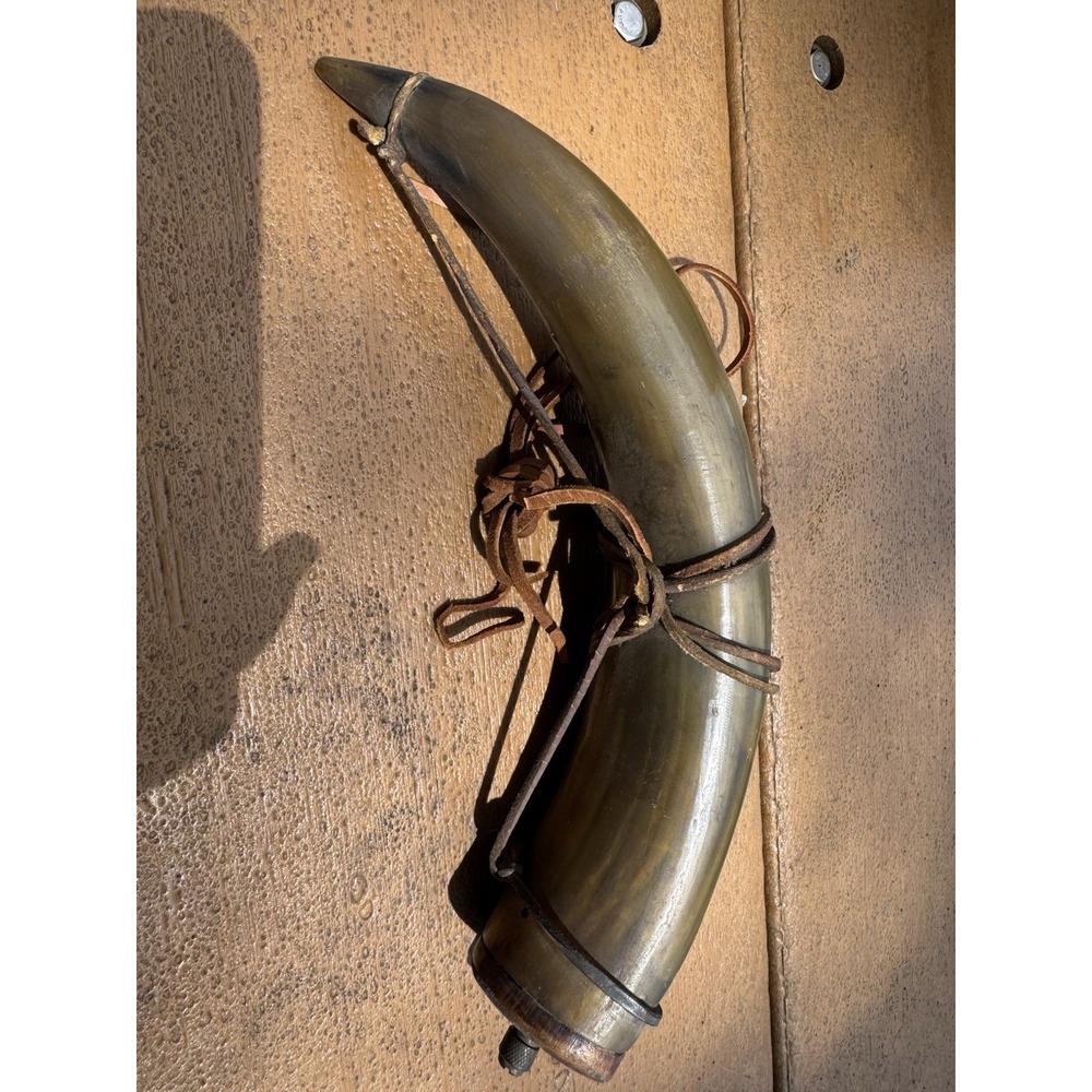 10" Brown Powder Horn with Wooden Plug- Antique Reproduction
